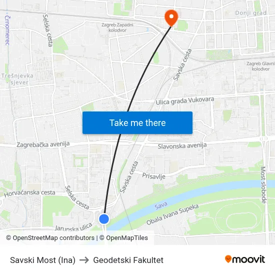 Savski Most (Ina) to Geodetski Fakultet map