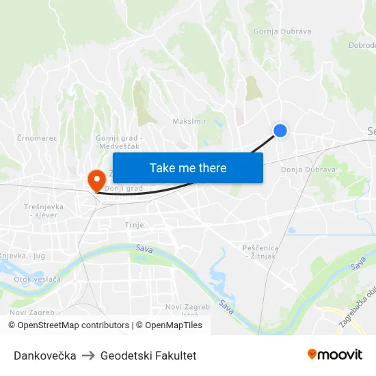 Dankovečka to Geodetski Fakultet map