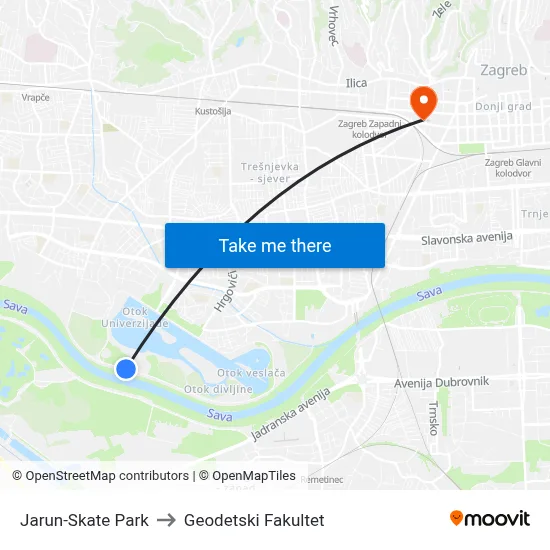 Jarun-Skate Park to Geodetski Fakultet map