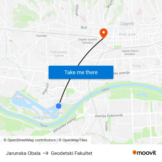 Jarunska Obala to Geodetski Fakultet map