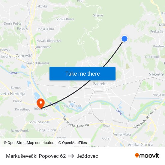 Markuševečki Popovec 62 to Ježdovec map