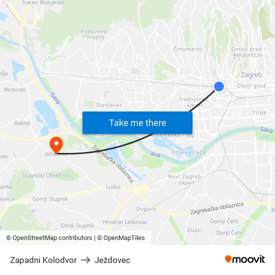 Zapadni Kolodvor to Ježdovec map