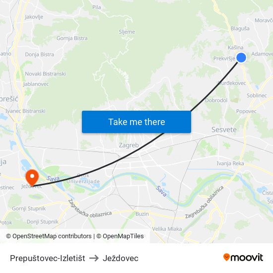 Prepuštovec-Izletišt to Ježdovec map