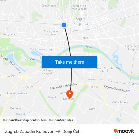 Zagreb Zapadni Kolodvor to Donji Čehi map