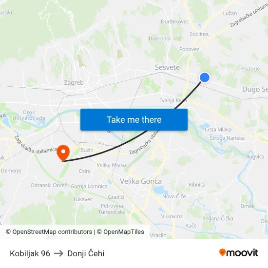 Kobiljak 96 to Donji Čehi map