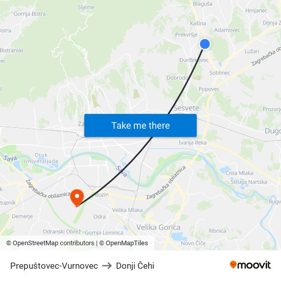 Prepuštovec-Vurnovec to Donji Čehi map