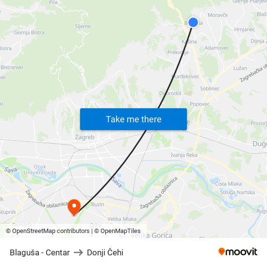 Blaguša - Centar to Donji Čehi map