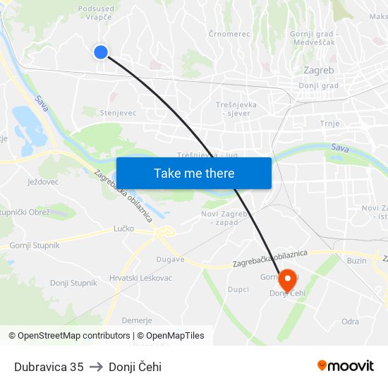 Dubravica 35 to Donji Čehi map