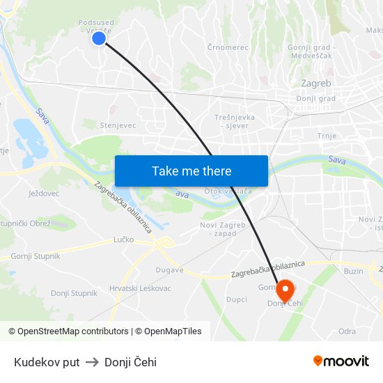 Kudekov put to Donji Čehi map