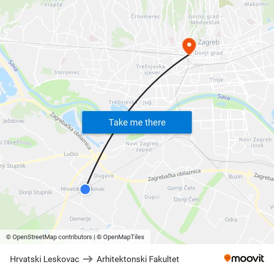 Hrvatski Leskovac to Arhitektonski Fakultet map