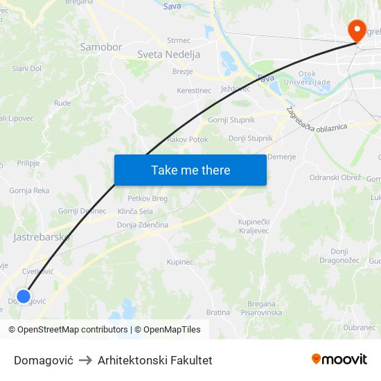Domagović to Arhitektonski Fakultet map