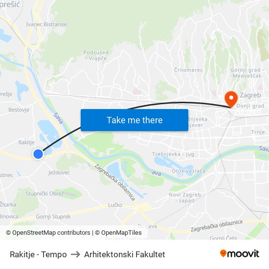 Rakitje - Tempo to Arhitektonski Fakultet map