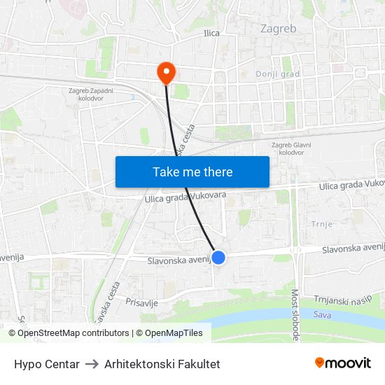 Hypo Centar to Arhitektonski Fakultet map