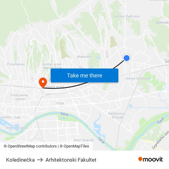 Koledinečka to Arhitektonski Fakultet map