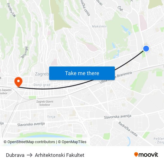 Dubrava to Arhitektonski Fakultet map