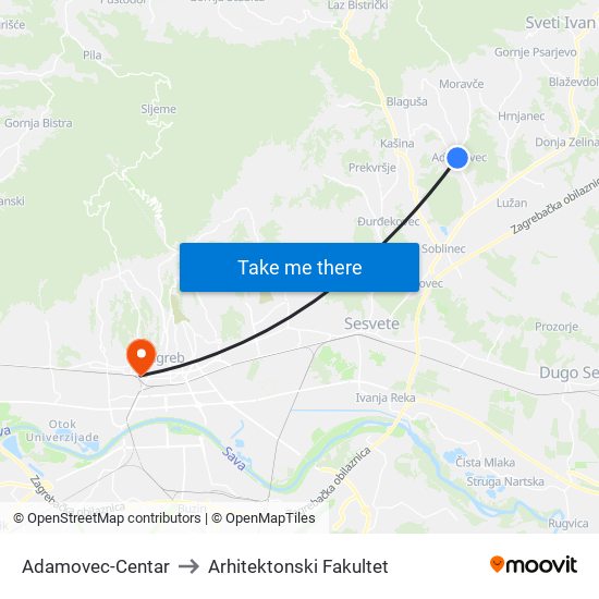 Adamovec-Centar to Arhitektonski Fakultet map