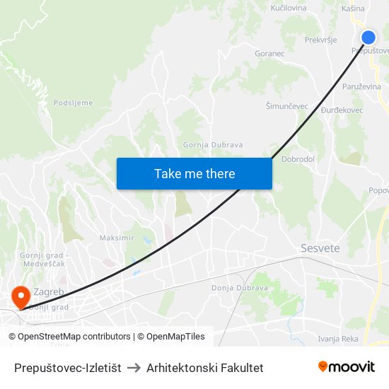 Prepuštovec-Izletišt to Arhitektonski Fakultet map