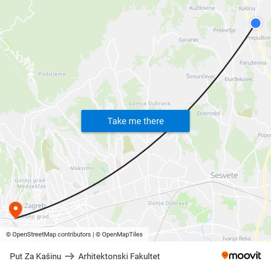 Put Za Kašinu to Arhitektonski Fakultet map