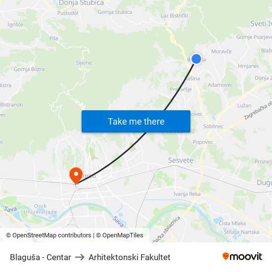 Blaguša - Centar to Arhitektonski Fakultet map