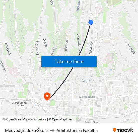 Medvedgradska-Škola to Arhitektonski Fakultet map