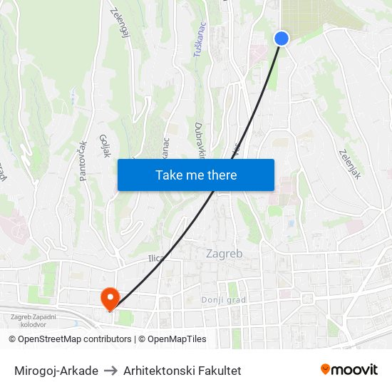 Mirogoj-Arkade to Arhitektonski Fakultet map