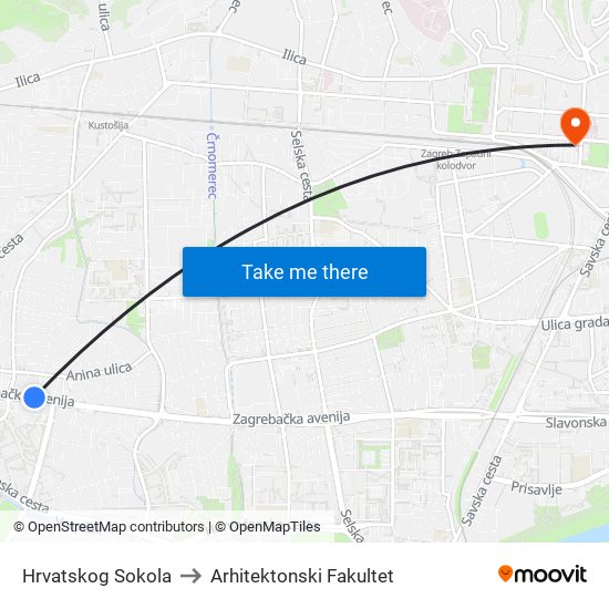 Hrvatskog Sokola to Arhitektonski Fakultet map
