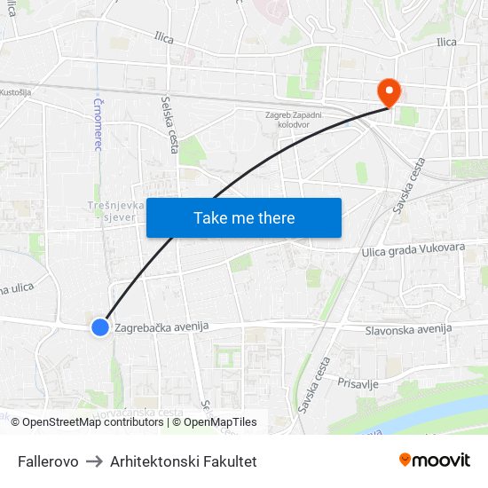 Fallerovo to Arhitektonski Fakultet map