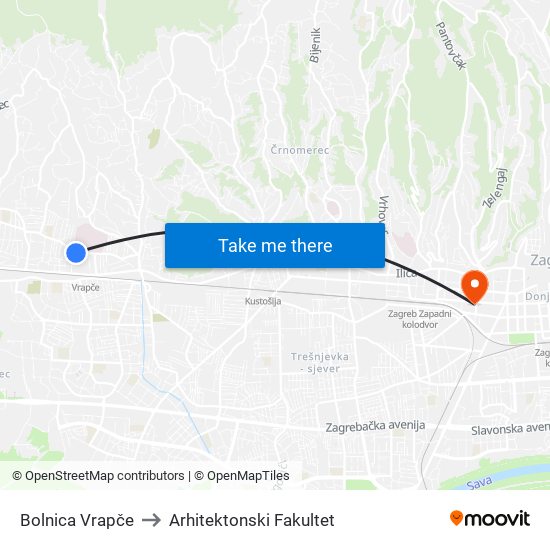Bolnica Vrapče to Arhitektonski Fakultet map
