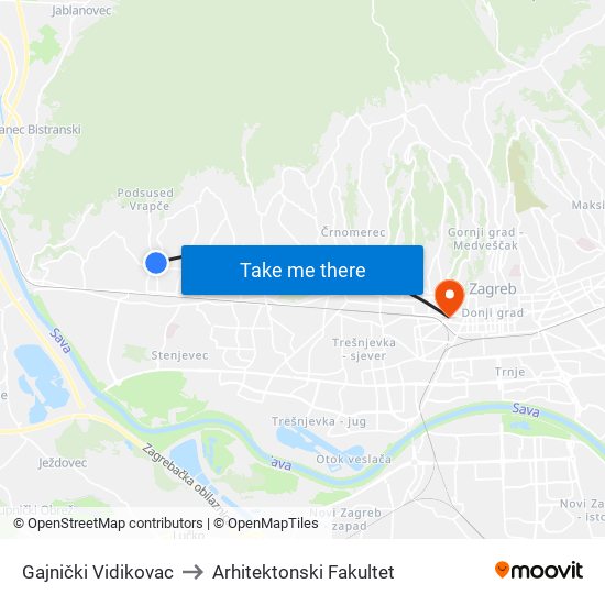 Gajnički Vidikovac to Arhitektonski Fakultet map