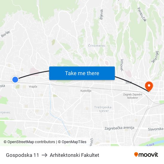 Gospodska 11 to Arhitektonski Fakultet map