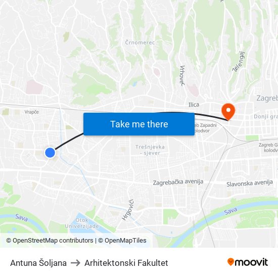 Antuna Šoljana to Arhitektonski Fakultet map