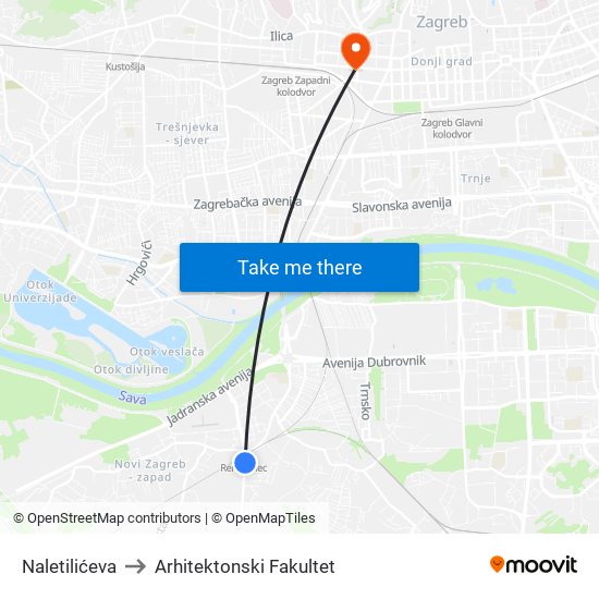 Naletilićeva to Arhitektonski Fakultet map