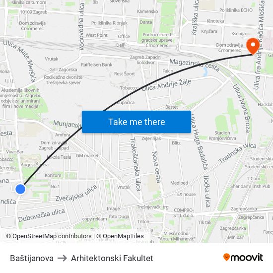 Baštijanova to Arhitektonski Fakultet map