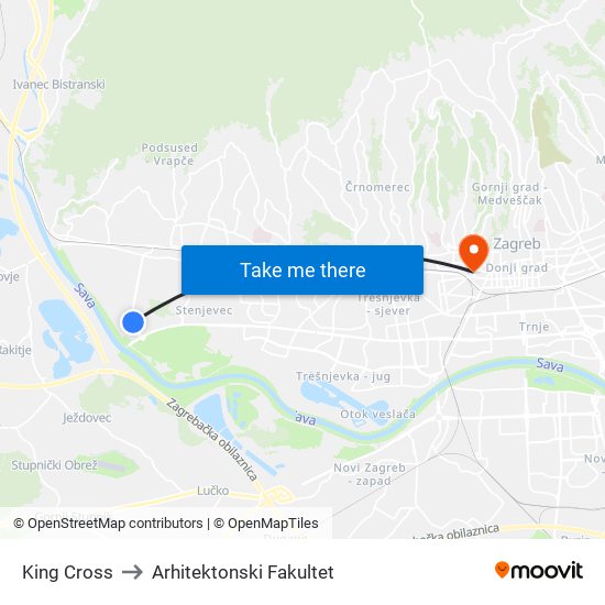 King Cross to Arhitektonski Fakultet map