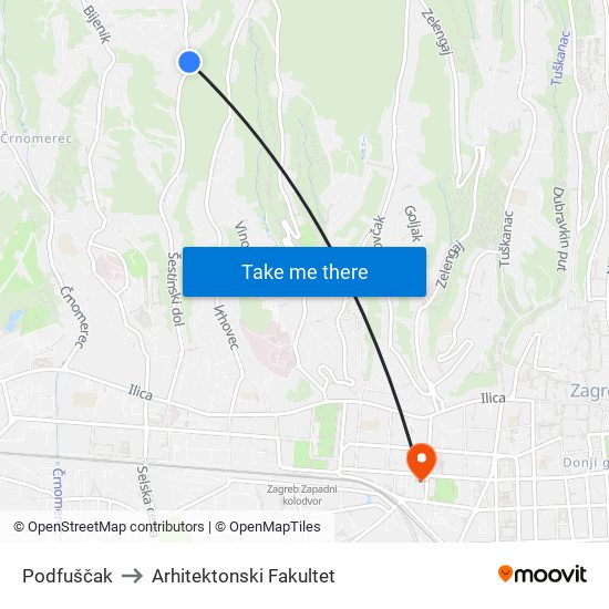 Podfuščak to Arhitektonski Fakultet map