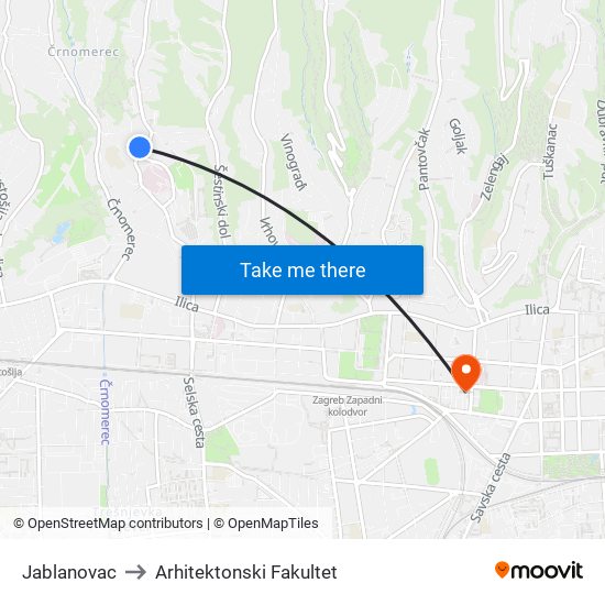 Jablanovac to Arhitektonski Fakultet map