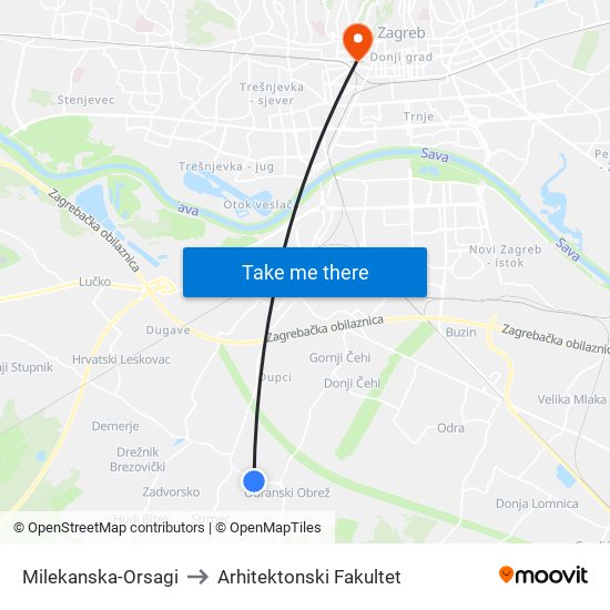 Milekanska-Orsagi to Arhitektonski Fakultet map