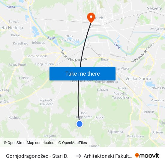 Gornjodragonožec - Stari Dom to Arhitektonski Fakultet map