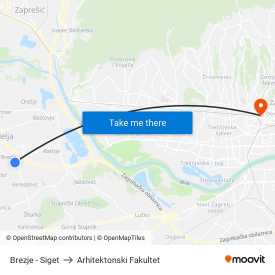 Brezje - Siget to Arhitektonski Fakultet map