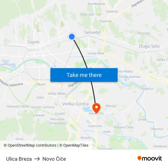 Ulica Breza to Novo Čiče map