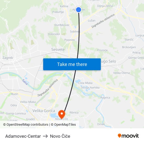 Adamovec-Centar to Novo Čiče map