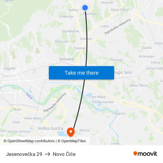 Jesenovečka 29 to Novo Čiče map