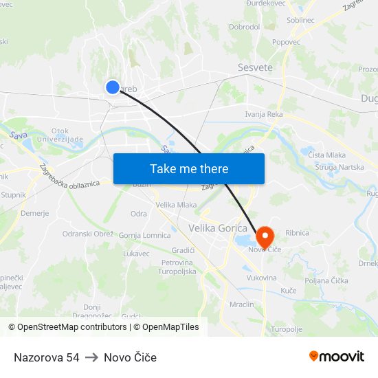 Nazorova 54 to Novo Čiče map