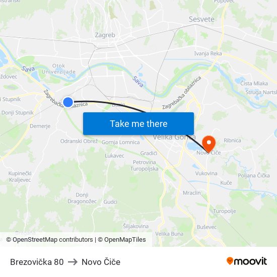 Brezovička 80 to Novo Čiče map