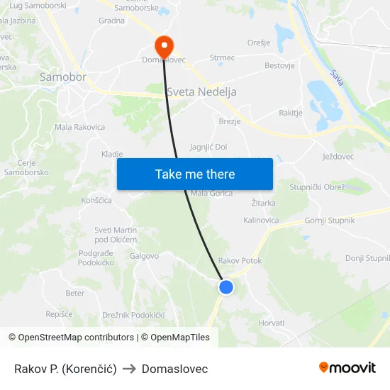Rakov P. (Korenčić) to Domaslovec map