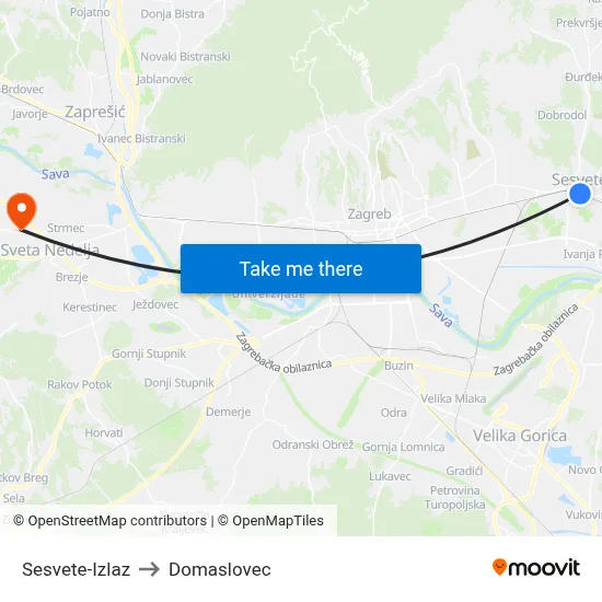 Sesvete-Izlaz to Domaslovec map