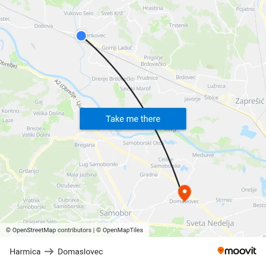 Harmica to Domaslovec map