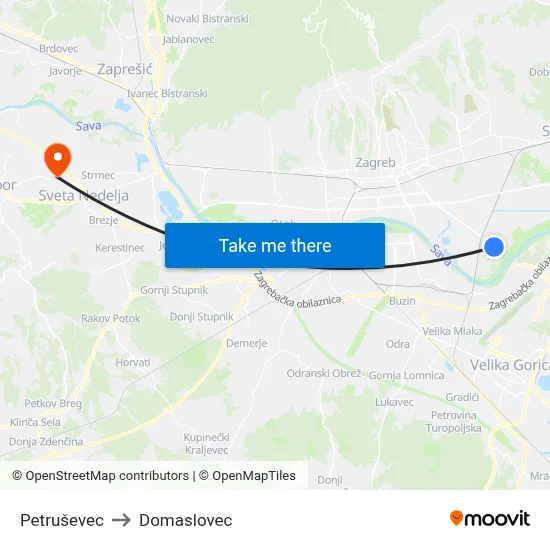 Petruševec to Domaslovec map