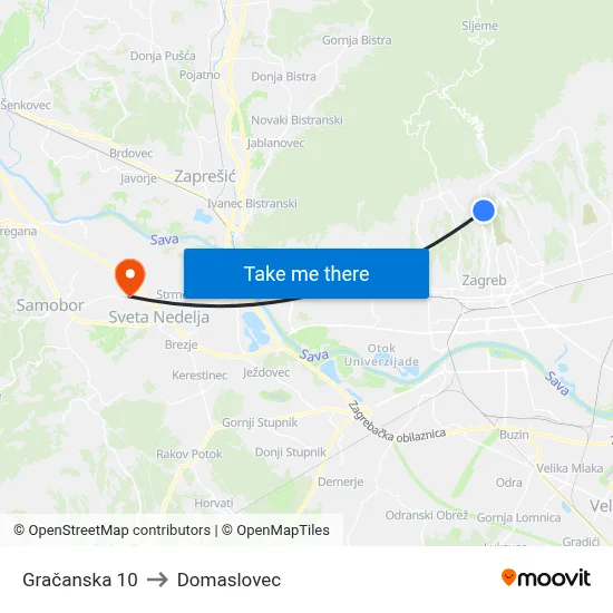 Gračanska 10 to Domaslovec map