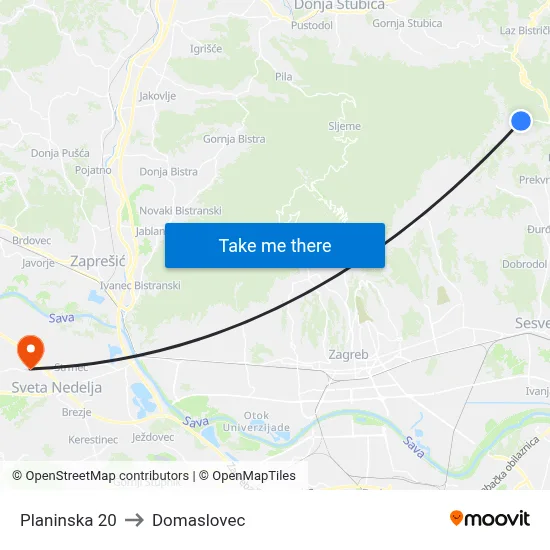 Planinska 20 to Domaslovec map
